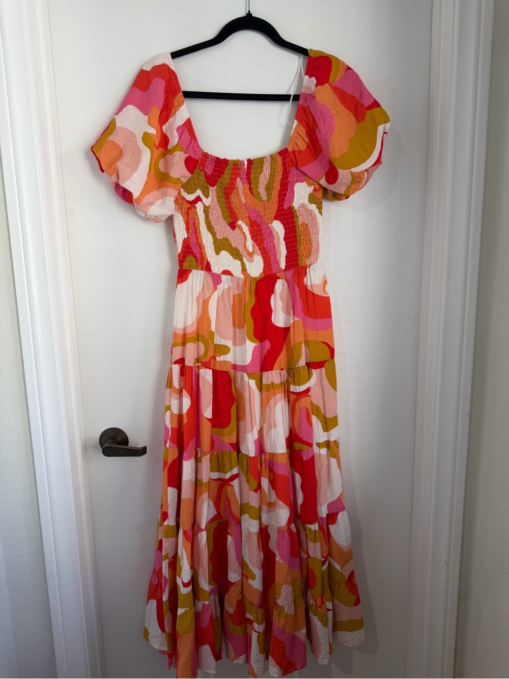 TCEC Pink Red Multi-Color Puff Sleeve Maxi Dress NWOT